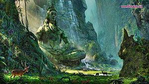 Lord Shiva Meditating in a Misty Forest with Waterfalls and Deer HD wallpaper