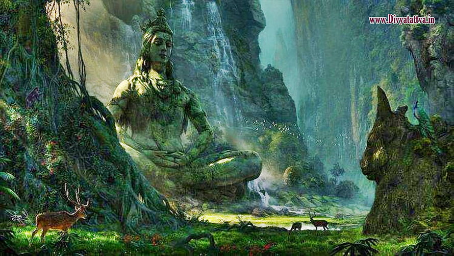 Lord Shiva Meditating in a Misty Forest with Waterfalls and Deer HD wallpaper