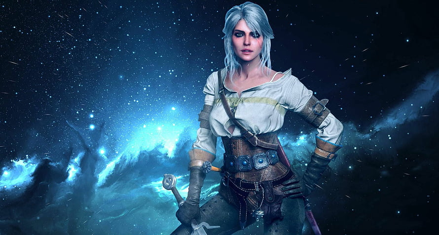 Ciri from The Witcher 3 in a cosmic nebula setting with sword and leather armor HD wallpaper