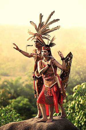 Dayak Tribal Dancers in Traditional Feathered Headdresses and Ceremonial Attire HD phone wallpaper