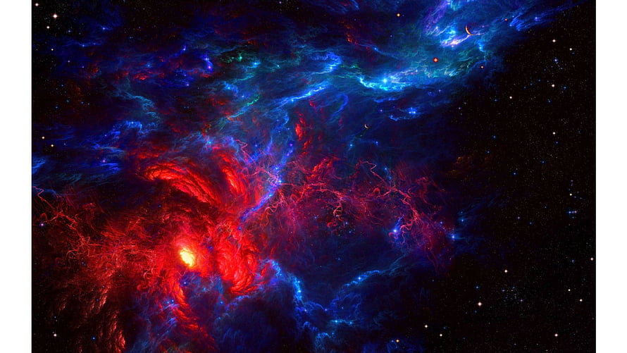 Vibrant Cosmic Nebula with Swirling Red and Blue Gas Clouds in Deep Space HD wallpaper