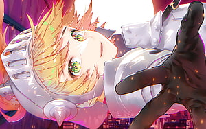 The Knight from Guardian Tales in Dynamic Anime Artwork with Silver Armor and Green Eyes HD wallpaper