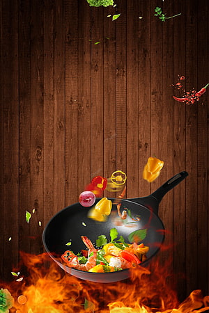 Dynamic Wok Stir Fry with Fresh Vegetables and Flames on Dark Wood Background HD phone wallpaper