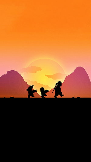 Master Roshi Training Scene Silhouette at Sunset with Dragon Ball Characters HD phone wallpaper