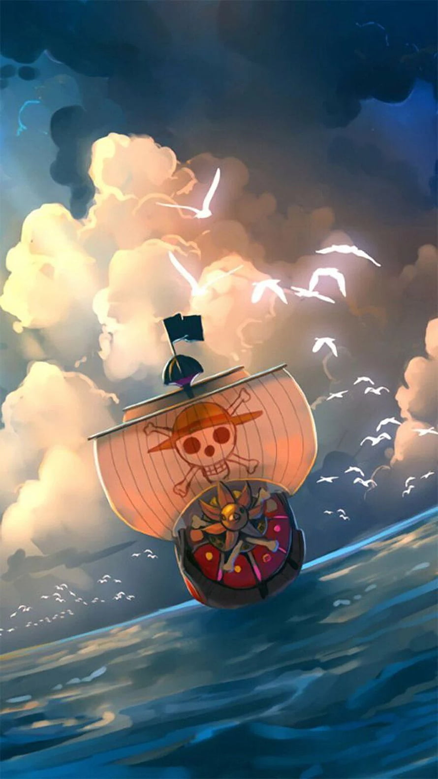 One Piece Thousand Sunny sailing through dramatic sunset clouds and open ocean waves HD phone wallpaper