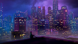 Lone Figure on Rooftop Overlooking Neon Cyberpunk Cityscape at Night HD wallpaper
