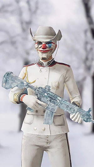 PUBG Mobile Clown Soldier in White Military Uniform Holding Ice Rifle HD phone wallpaper