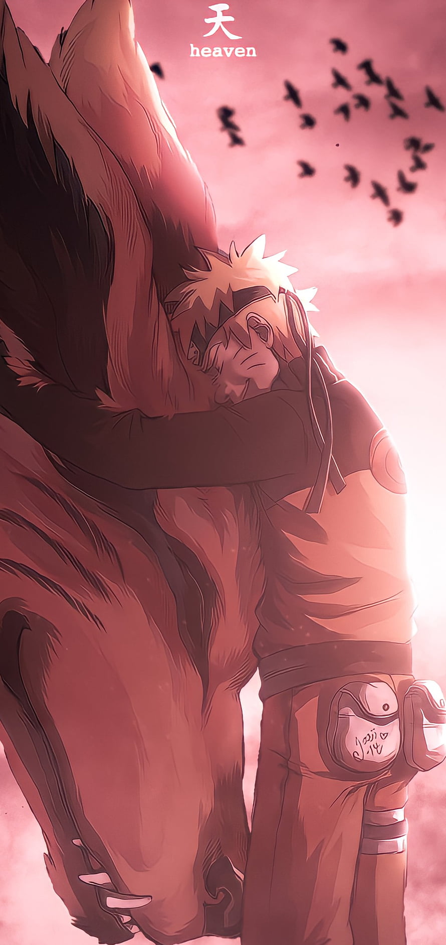Naruto Uzumaki Embracing Kurama in a Warm Pink Sky with Birds HD phone wallpaper