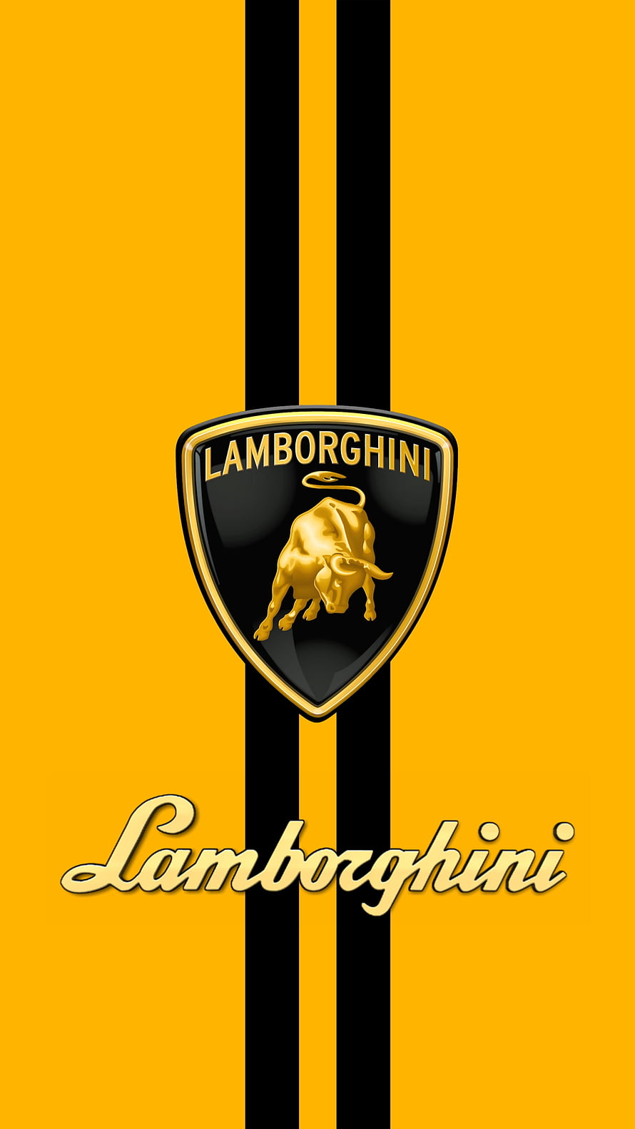 Lamborghini Gold Bull Emblem on Yellow and Black Racing Stripes HD phone wallpaper