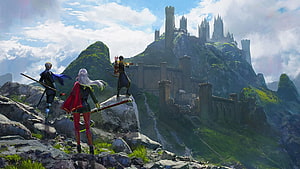 Fire Emblem Three Houses Characters Gazing at Mountain Castle HD wallpaper
