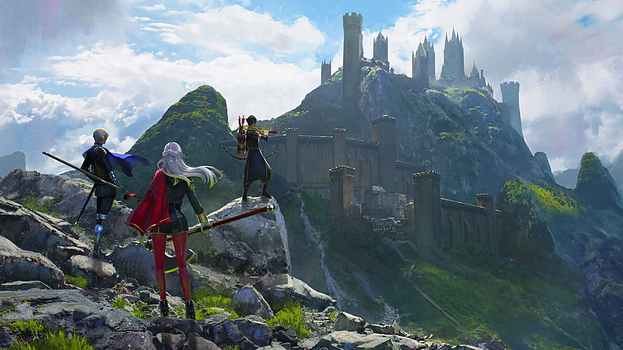 Fire Emblem Three Houses Characters Gazing at Mountain Castle HD wallpaper