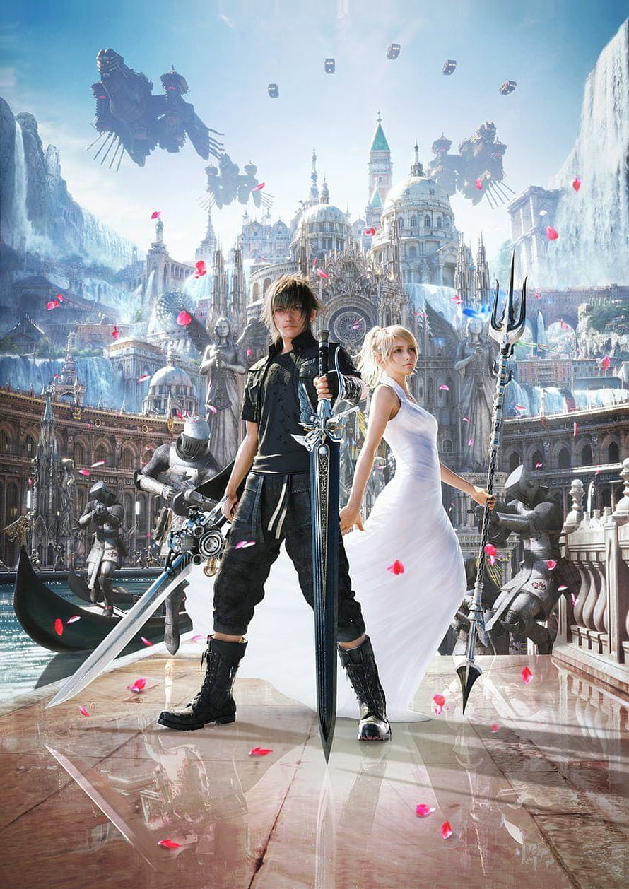Noctis and Luna from Final Fantasy XV Standing Before a Grand Palace with Floating Airships HD phone wallpaper