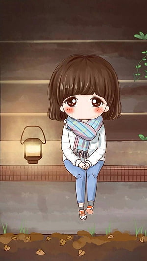 Cute Kawaii Girl Sitting on Bench with Plaid Scarf and Lantern HD phone wallpaper
