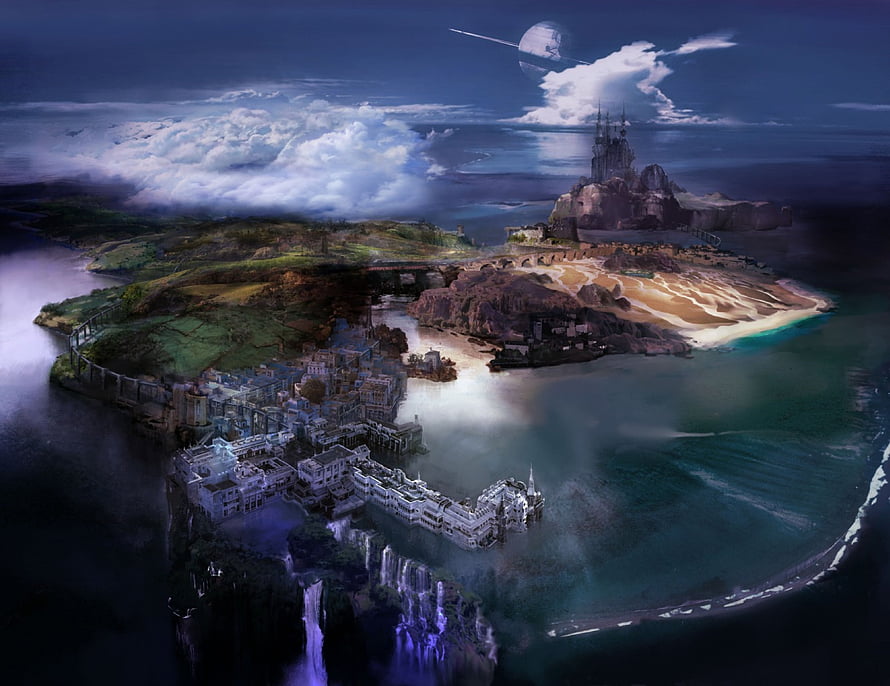 Final Fantasy Floating Island Concept Art with Waterfalls and Ringed Planet HD wallpaper