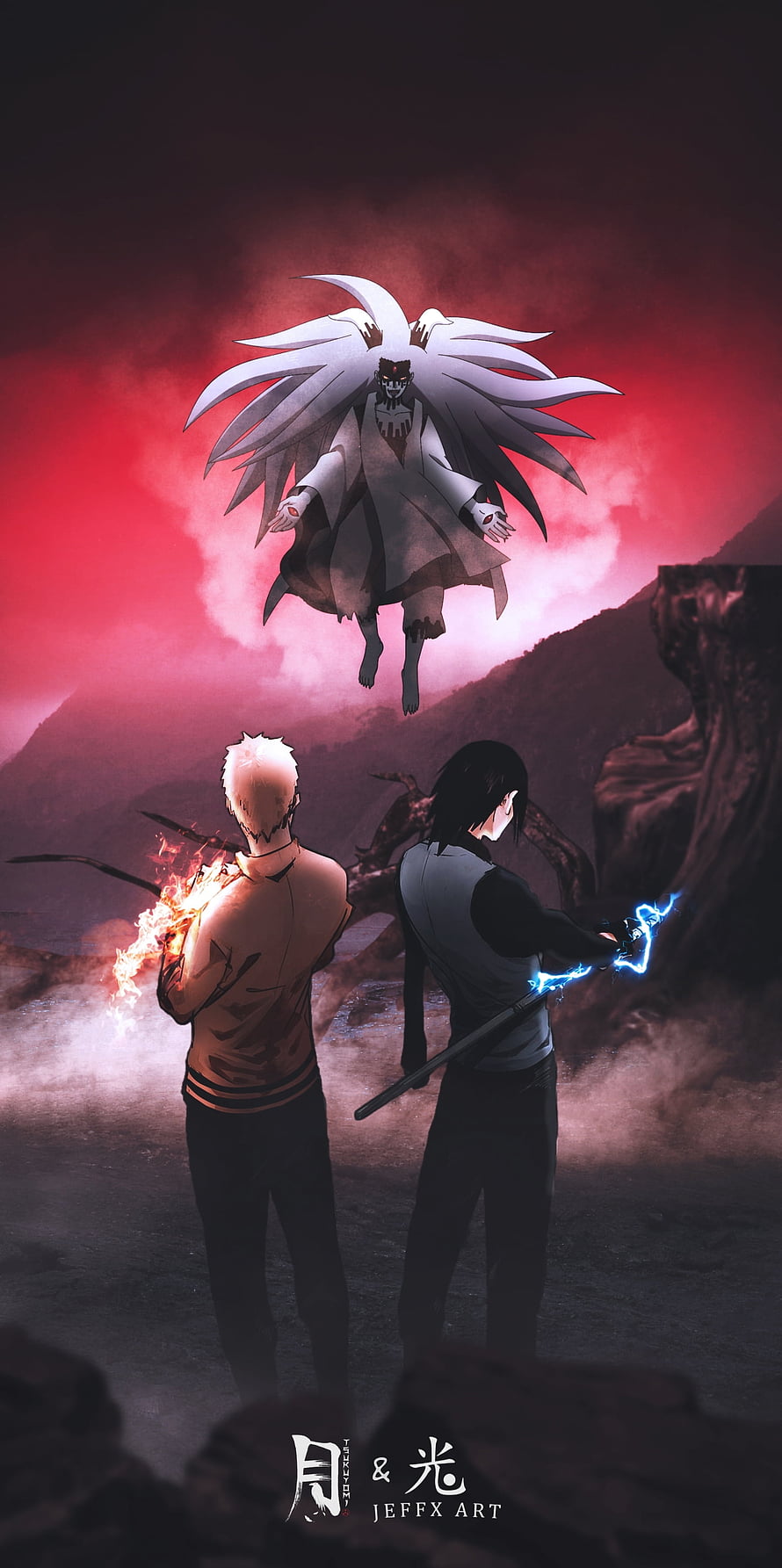 Sasuke and Naruto Confront Momoshiki Otsutsuki in Epic Anime Battle Scene HD phone wallpaper