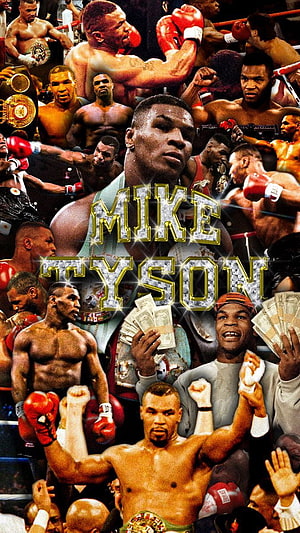 Mike Tyson Boxing Legacy Collage with Championship Belts and Victory Moments HD phone wallpaper