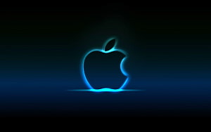 Glowing Apple Logo on Dark Blue Background with Neon Light Effect HD wallpaper