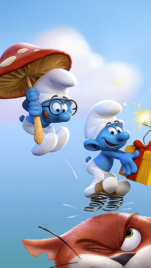 Smurfs The Lost Village 3D Animation Wallpaper With Mushroom Umbrella And Gift Box HD phone wallpaper