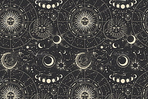 Celestial Moon and Sun Constellation Pattern with Zodiac Wheel Design HD wallpaper