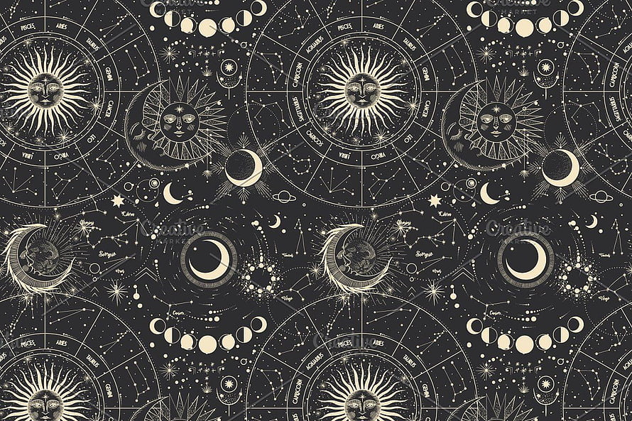 Celestial Moon and Sun Constellation Pattern with Zodiac Wheel Design HD wallpaper