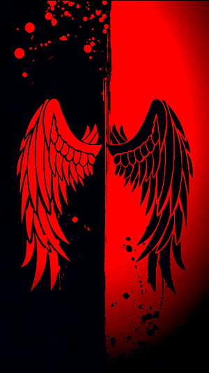 Split Duality Angel Wings in Red and Black Grunge Style HD phone wallpaper
