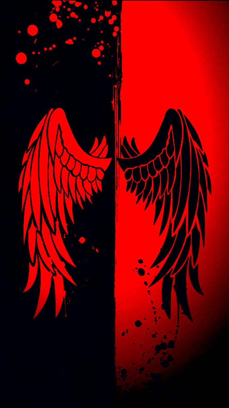 Split Duality Angel Wings in Red and Black Grunge Style HD phone wallpaper