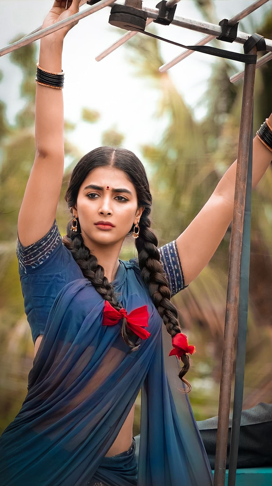 Pooja Hegde in a blue saree with long braids and red ribbons HD phone wallpaper