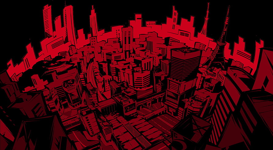 Persona 5 Red Cityscape Illustration with Tokyo Skyline and Tower HD wallpaper
