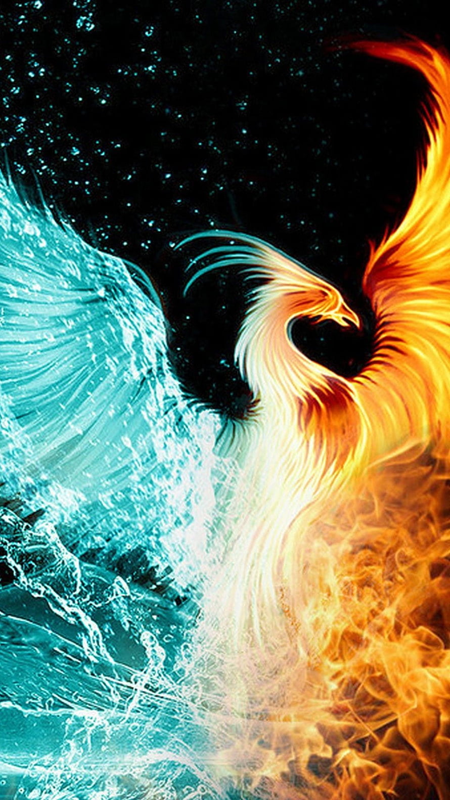 Majestic Phoenix Rising From Fire and Ice in a Cosmic Digital Artwork HD phone wallpaper