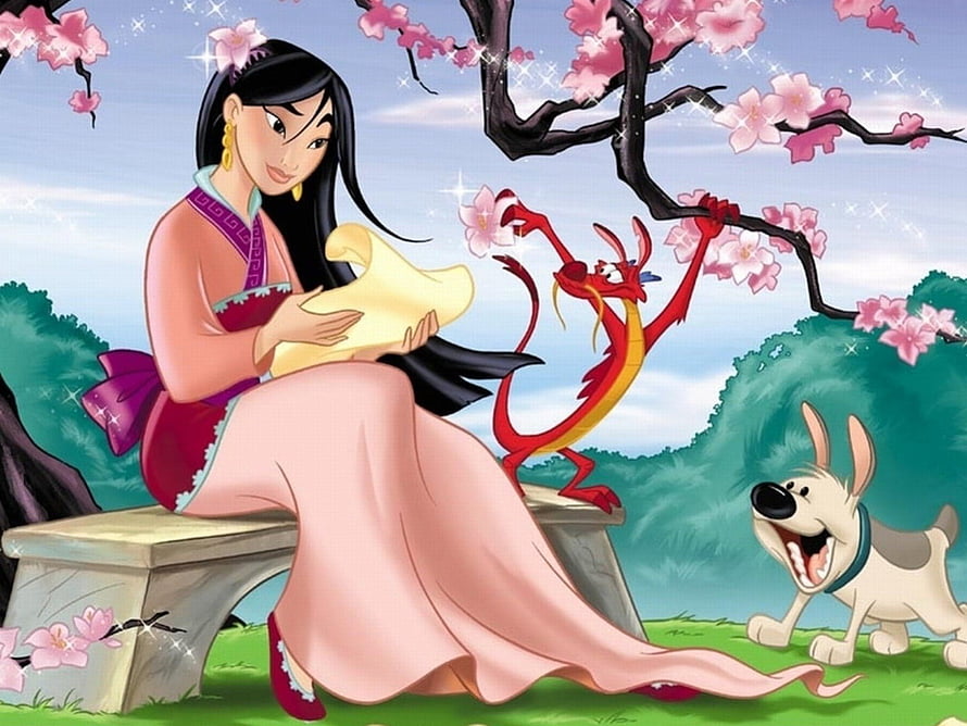 Mulan and Mushu Under Blossoming Cherry Tree with Dog in Classic Disney Animation Style HD wallpaper