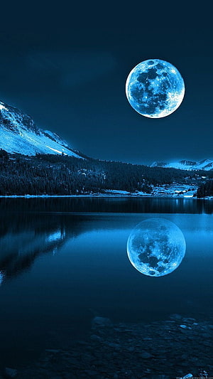 Full Moon Reflection in Mountain Lake at Night HD phone wallpaper