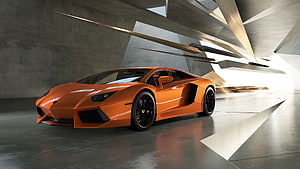 Orange Lamborghini Aventador in Modern Architectural Setting HD wallpaper