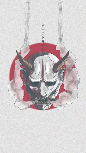 Japanese Oni Demon Mask with Horns and Fanged Grin on Red Circle Background HD phone wallpaper