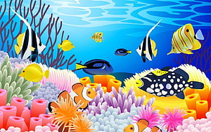 Colorful Cartoon Underwater Scene With Clownfish, Tropical Fish, and Vibrant Coral Reef HD wallpaper