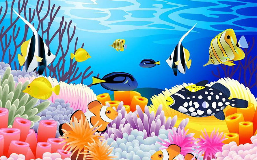 Colorful Cartoon Underwater Scene With Clownfish, Tropical Fish, and Vibrant Coral Reef HD wallpaper