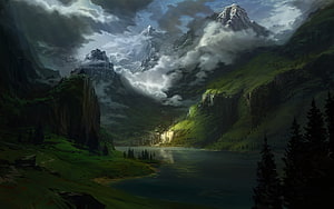 Misty Mountain Valley with Alpine Lake and Dramatic Clouds HD wallpaper