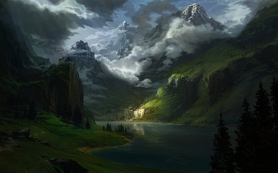 Misty Mountain Valley with Alpine Lake and Dramatic Clouds HD wallpaper