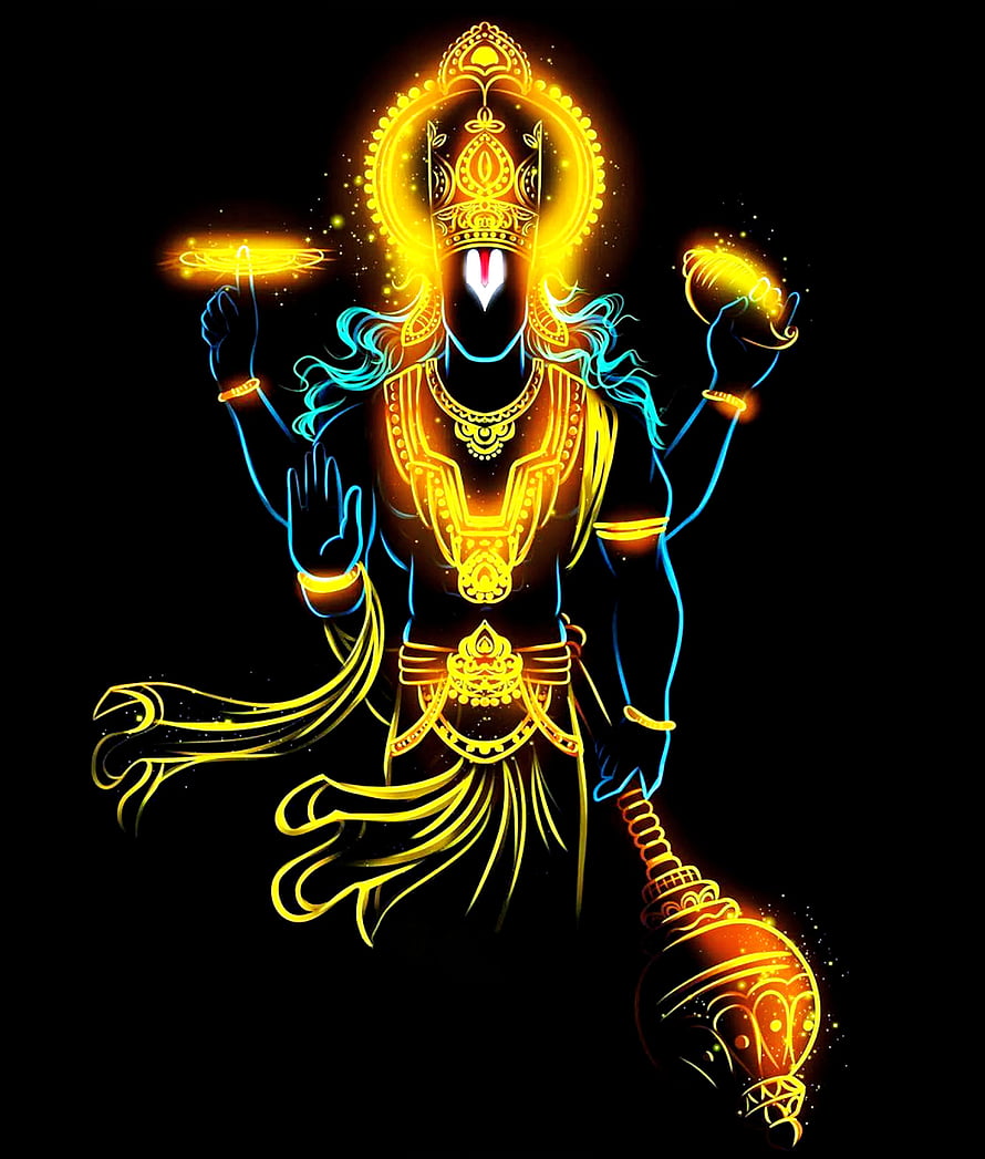 Neon Glowing Lord Vishnu Digital Art with Mace and Chakra on Black Background HD phone wallpaper