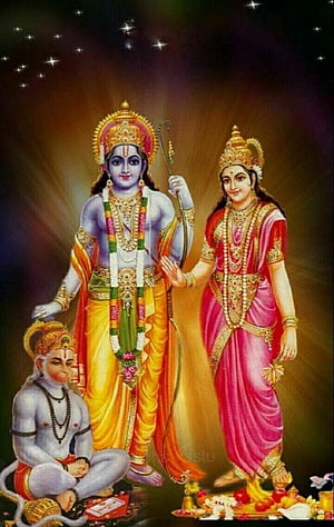 Lord Rama, Sita, and Hanuman in Traditional Indian Devotional Art HD phone wallpaper
