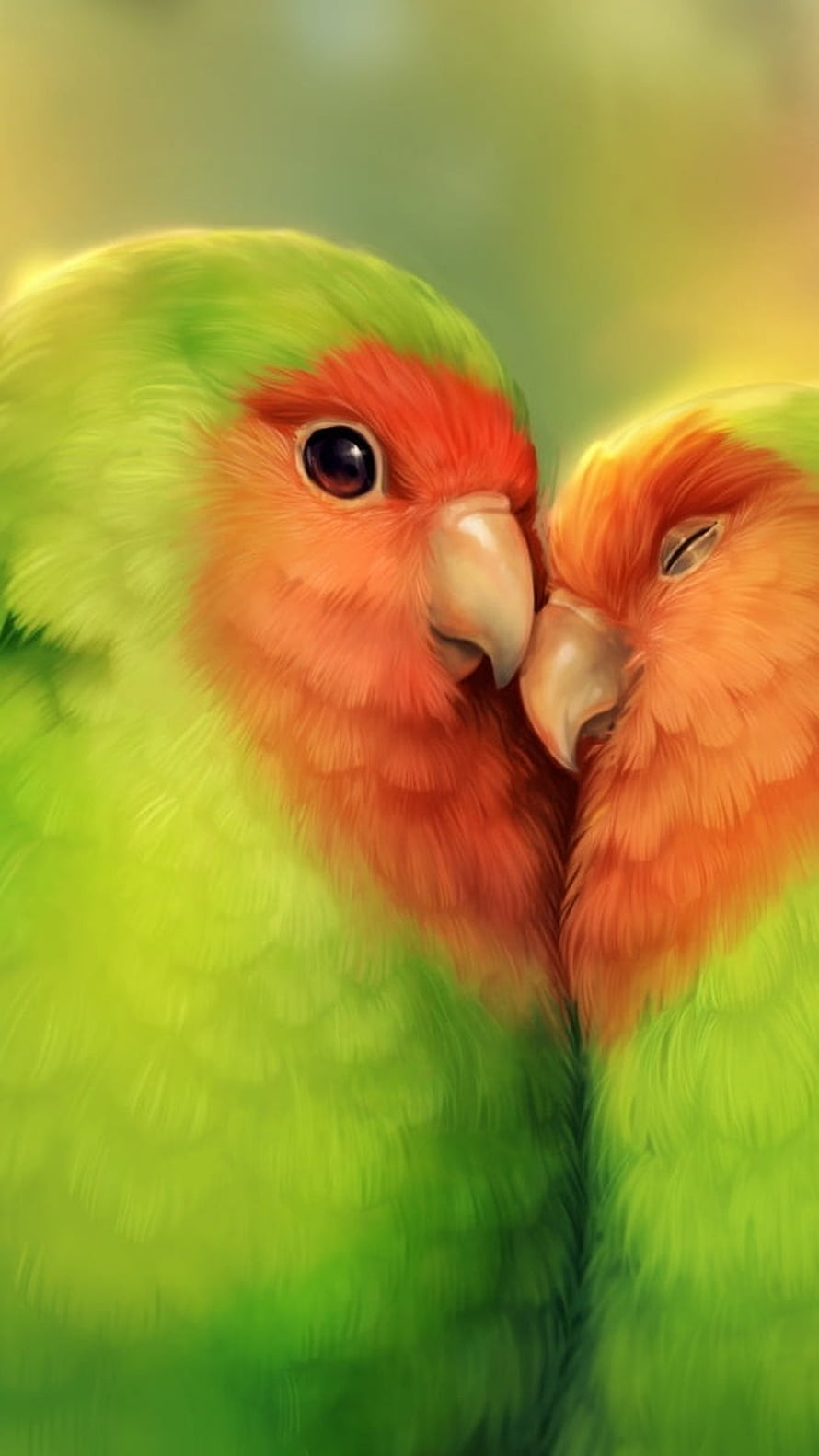 Intimate Close-Up of Two Green Parrots with Red Faces Nuzzling Beaks in Soft Focus HD phone wallpaper