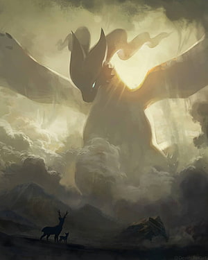 Reshiram Soaring Through Dramatic Clouds Above a Mountain Landscape HD phone wallpaper