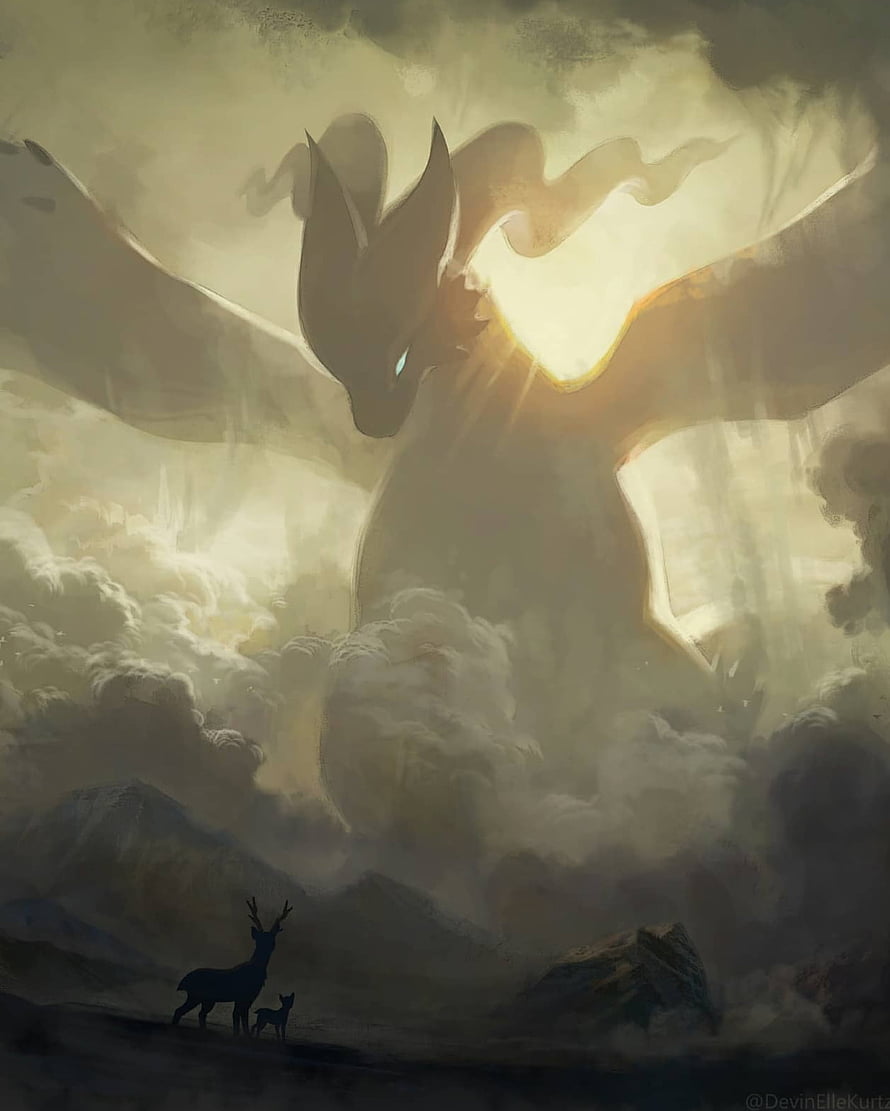 Reshiram Soaring Through Dramatic Clouds Above a Mountain Landscape HD phone wallpaper