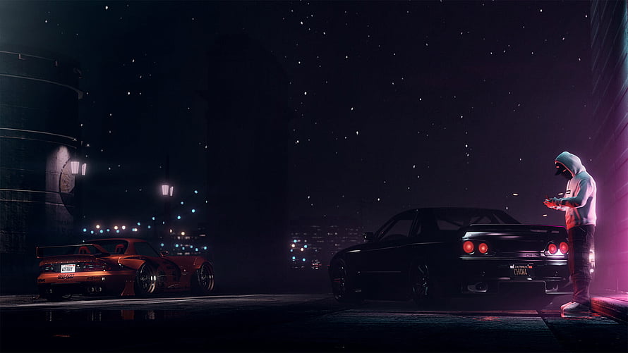 Grand Theft Auto V Night Street Scene With Modified Supra And GT-R HD wallpaper