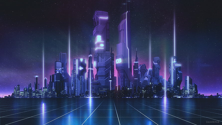 Futuristic Cyberpunk Cityscape with Neon Skyscrapers and Starry Night Sky HD wallpaper