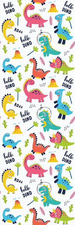 Colorful Cute Cartoon Dinosaur Pattern with Volcanoes and Cacti on Grid Background HD phone wallpaper
