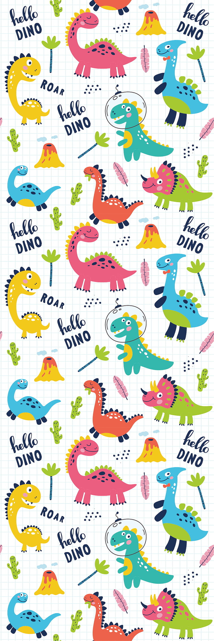 Colorful Cute Cartoon Dinosaur Pattern with Volcanoes and Cacti on Grid Background HD phone wallpaper