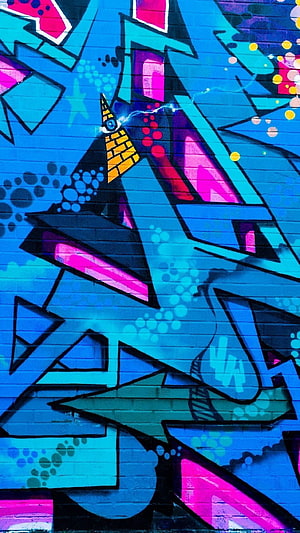 Vibrant Blue and Pink Urban Graffiti Wall Art with Geometric Shapes and Street Style HD phone wallpaper