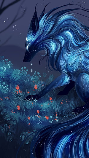 Luminous Kitsune Fox in a Starlit Night Forest with Glowing Flowers HD phone wallpaper