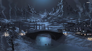 Snowy Mountain Village at Night with Stone Bridge and Frozen River HD wallpaper