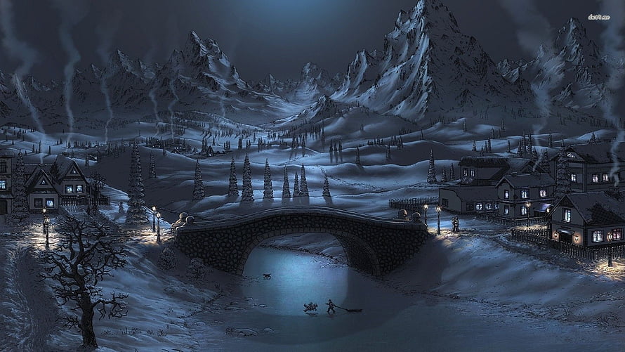 Snowy Mountain Village at Night with Stone Bridge and Frozen River HD wallpaper